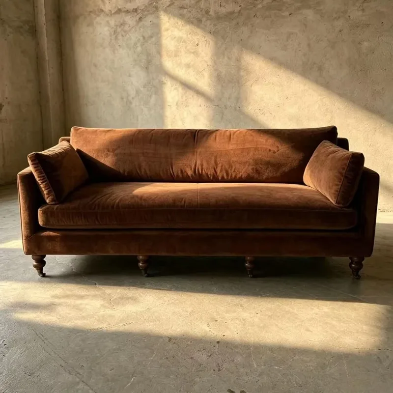 Deep seat velvet sofa, solid wood legs with casters, hotel apartment