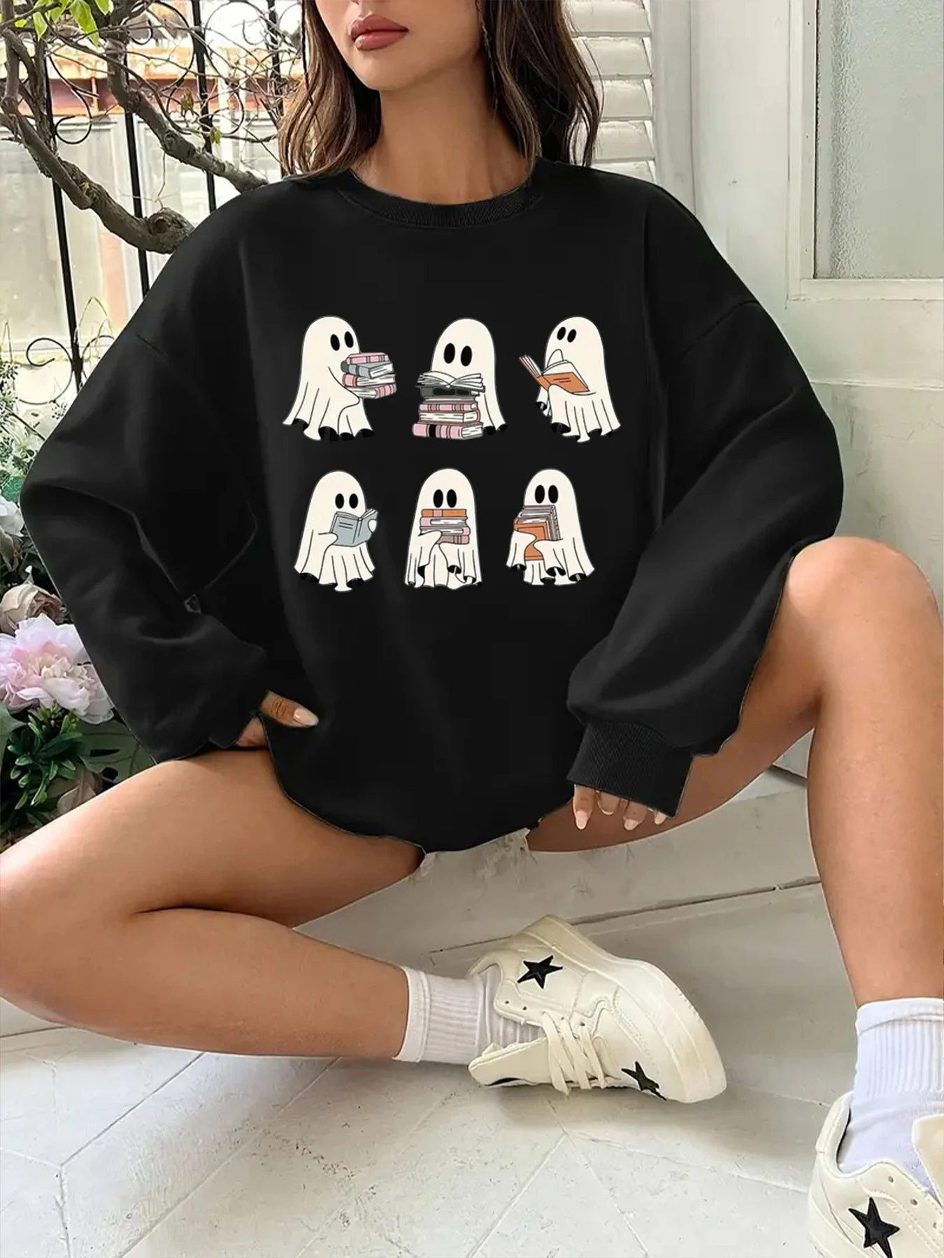 Creative Troublemaker Left Chest Print Round Neck Sweatshirt Women Thin Hooded Sweatshirt Y2K High Street Halloween Clothing