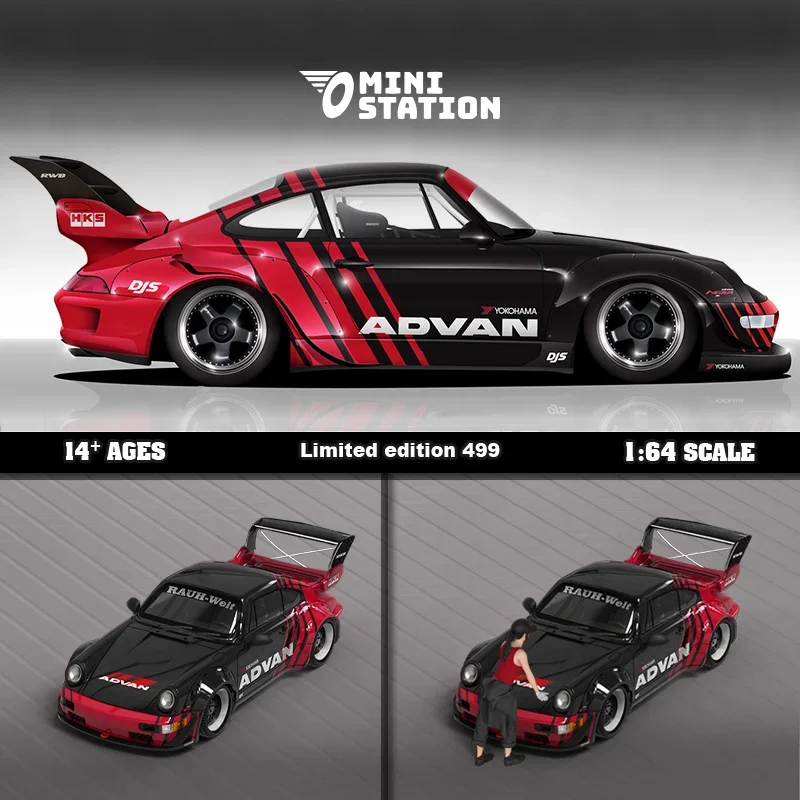 Mini Station 1:64 RWB 964 ADVAN & Motorcycle with figure limited499 Diecast Model Car