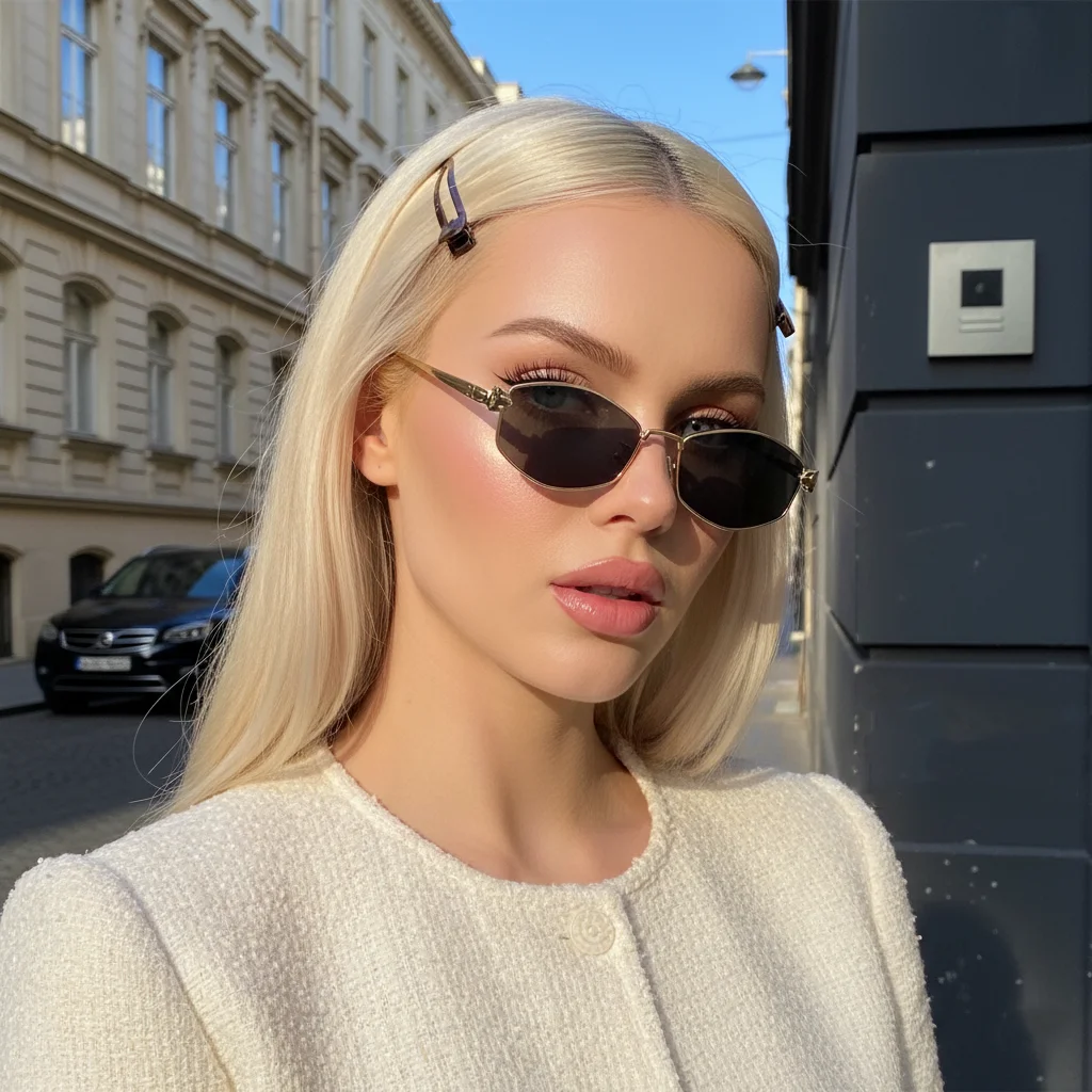 نظارات شمسية نسائية معدنية ذهبية، إطار مضلع هندسي مع تفاصيل زهرة محفورة، ظلال كلاسيكية فاخرة UV400