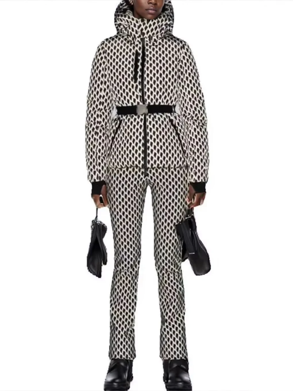 2025 المرأة الشتاء مقنعين مبطن الرياضة سترات السراويل 2 قطعة مجموعة حزام الإناث أنيقة الدافئة يندبروف التزلج معاطف جاكيتات بنطلون