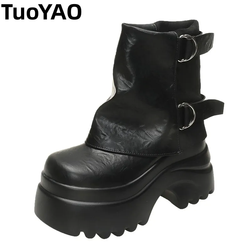 

Ботильоны до середины икры 9,5 см, кожаные ботинки на высокой платформе на танкетке в британском стиле, женские новые женские массивные мотоциклетные ботинки, осень-зима