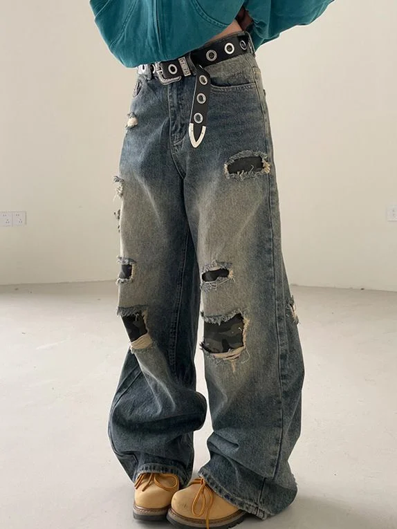 Womens Jeans High Waist Vintage Straight Y2K Autumn Denim Pants Street Ripped Boyfriend American Wide Leg Baggy Denim Trouser