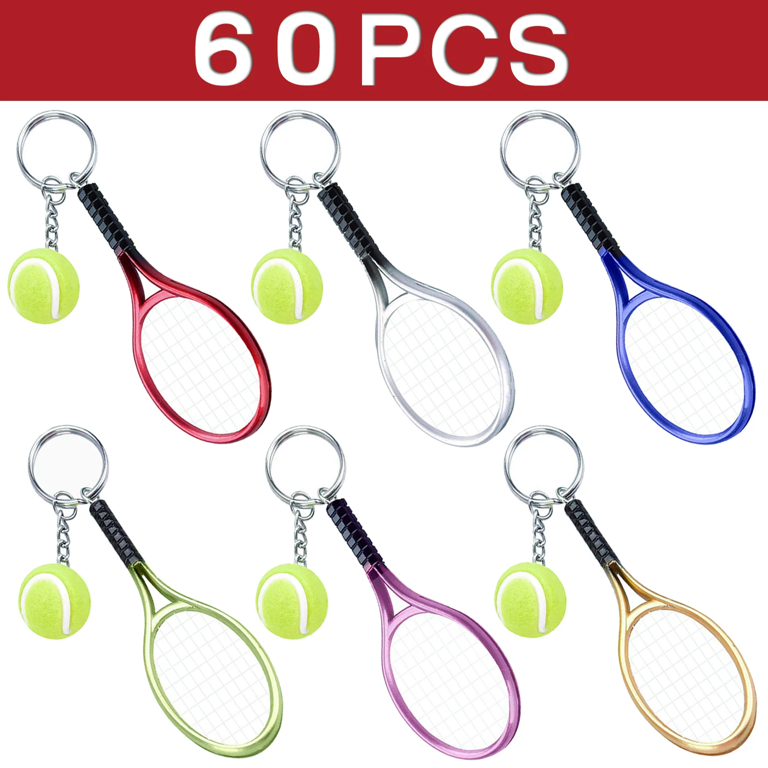 60Pcs Mini Tennis Ball and Racket Model Keychain Metal Novelty Handbag Lover Sport