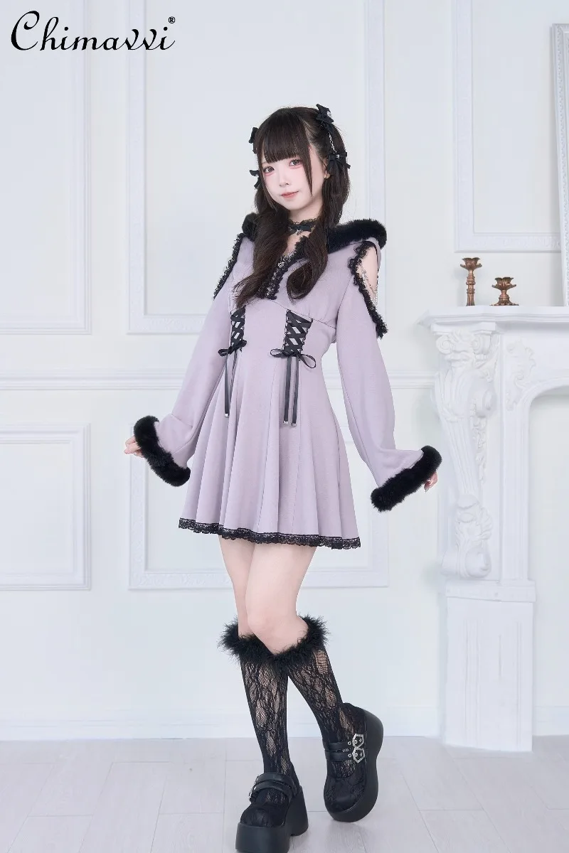 

Japanese Sweet Plush Sweatshirt Dress Autumn New Subculture Mass-Produced Lace-Up Long Sleeve Slim Fit Elegant Hooded Dress