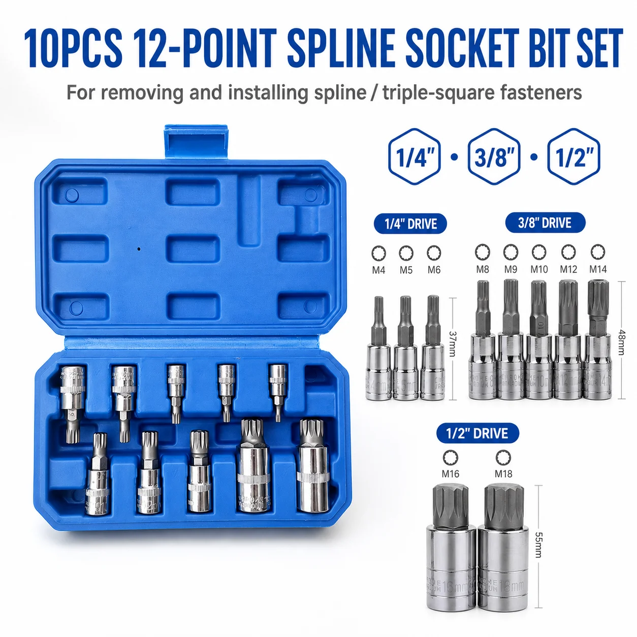 10PCS 12-Point Spline Socket Bit Set M4-M18, CR-V Triple Square XZN Bits, 1/4 3/8 1/2 Drive Automotive Repair Hand Tool Kit