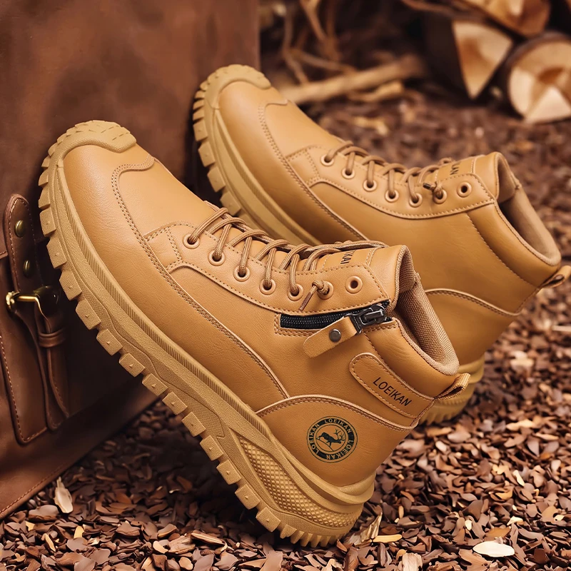 Men High Top Casual Boots Side Zipper Leather Shoes Non‑slip Thick Sole Male Work Ankle Boots for Daily Commute