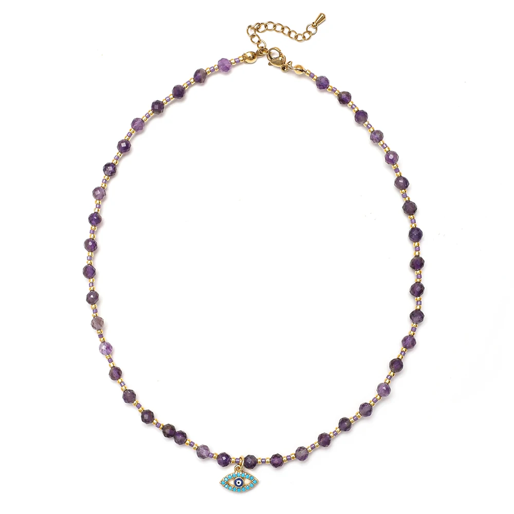 ZMZY Small Cute Evil Eye Pendant Necklaces for Women Natural Stone Agate Crystal Beaded Choker Jewelry Gift Accessories New
