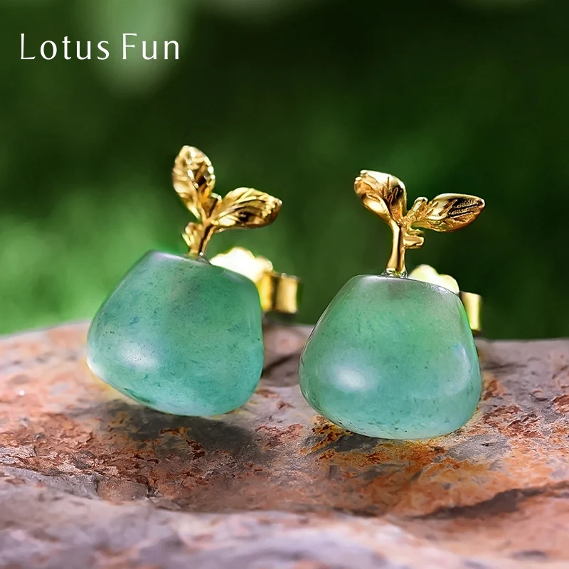 Lotus Fun Real 925 Sterling Silver Natural Aventurine Gemstone Fine Jewelry Sprouting in Spring Stud Earrings for Women