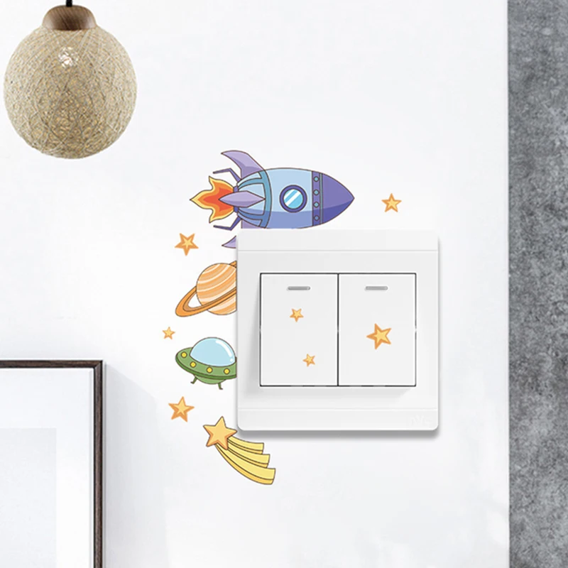 Space Planet Rocket Light Switch Sticker For Home Decor Living Room Background Decals Cartoon Wall Stickers Wallpaper