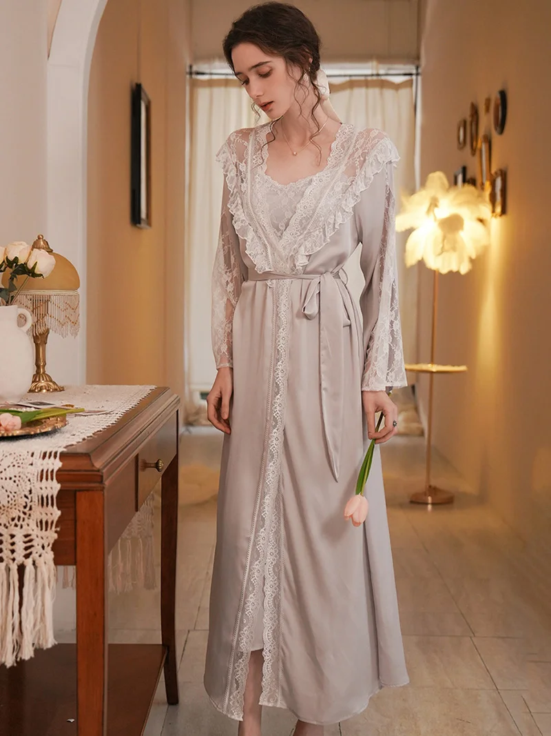 Spaghetti Strap Nightgown Dress Robe Female Sexy Two-piece Set Silk Lace Pajamas Female Spring Summer Victorian Home Clothes