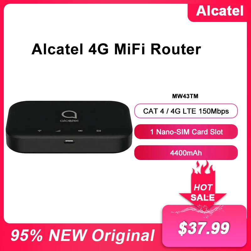 

Alcatel MW43TM Mobile WIFI Router 150Mbps 4G LTE Wireless Outdoor Hotspot With Sim Card Slot Portable Pocket MiFi Modem 4400mah