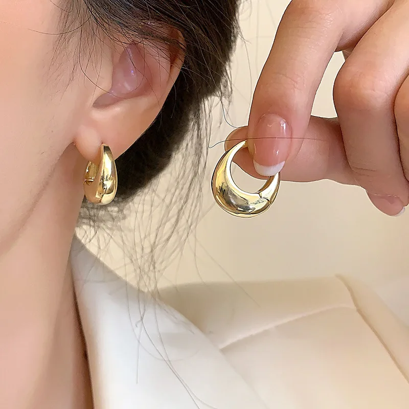 Vintage Gold Plated Chunky Dome Drop Earrings for Women Glossy Stainless Steel Thick Teardrop Earrings Dupes Lightweight Hoops