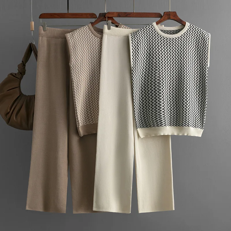 

Women Striped Sleeve Vest Pant Sets Two Piece Set Knit Round Neck Sleeveless Tops Long Pants Straight Spliced Regular Spring