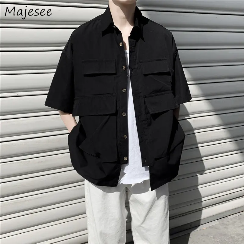 

Shirts Men Cargo Multi Pockets Handsome Japanese Designer Teens Streetwear Summer All-match Clothing Baggy Kpop College Personal