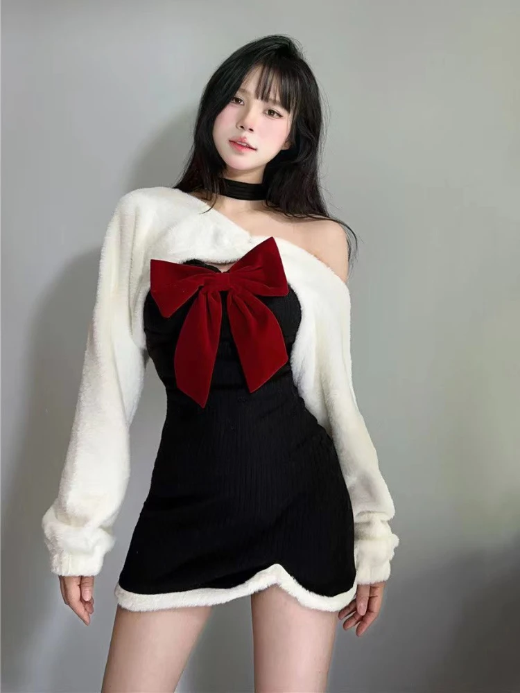 Christmas Sweet Two Piece Set Women Japanese Style Bow Y2K Party Dress Set Female Sexy Elegant Slim Mini Dress Suit Winter 2022