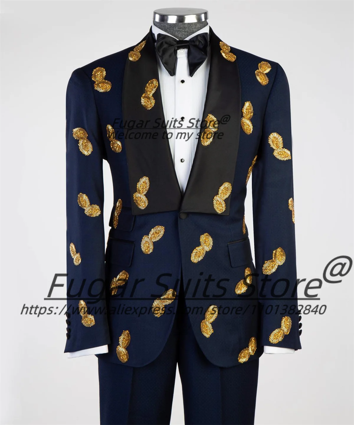 

Luxuly Golden bead embroidery Men Suits Customized Slim Fit Shawl Laple Groom Wedding Tuxedos Male Party Blazers 2 Pieces Sets