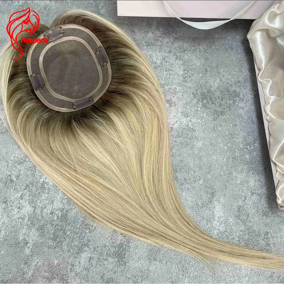 Hesperis 5x6” Mono Base Remy Human Hair Topper Clip In Crown Topper For Thinning Hair Ombre Blonde Human Hair Hairpieces