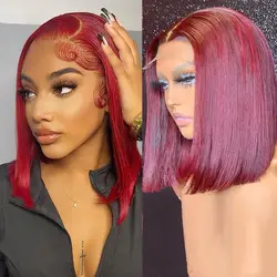 99J Burgundy Lace Front Wigs Human Hair 13x4 Short Bob Wig Lace Front Human Hair Wig Pre Plucked with Baby Hair 200% Density