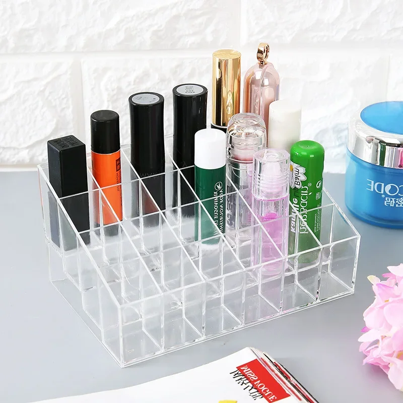 Transparent 24 Grids Acrylic Makeup Organizer Lipstick Holder Display Rack Case Cosmetic Nail Polish Make Up Organiser Tool#059