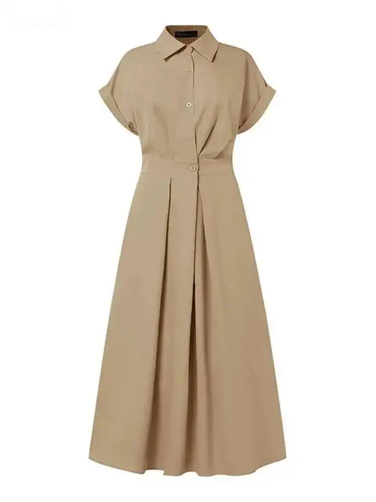 Frauen Mode Sommer Hemd Kleid 2025, Elegante Hohe Taille Kurzarm Midi Kleider Solide Kragen Roben Femme Streetwear 43O4