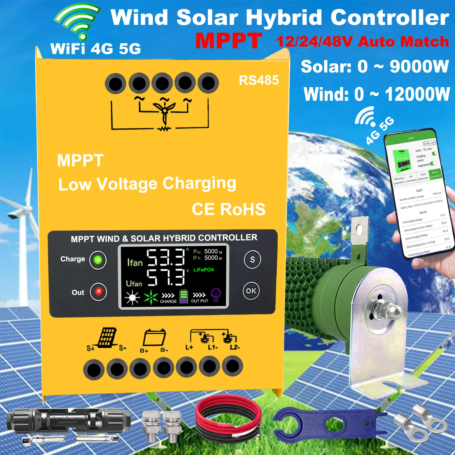 3000W MPPT Wind Solar Hybrid Charge Controller 12 24 48V 30A 60A LCD Display Wifi Monitor For Lifepo4 Lithium Lead Acid Battery