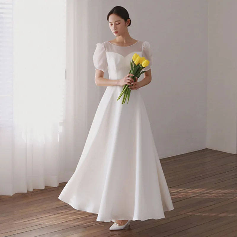 Illusion Classic O-neck Bridal Dress Elegant Long A-line Wedding Dresses With Short Sleeve Satin Simple Vestidos Customized