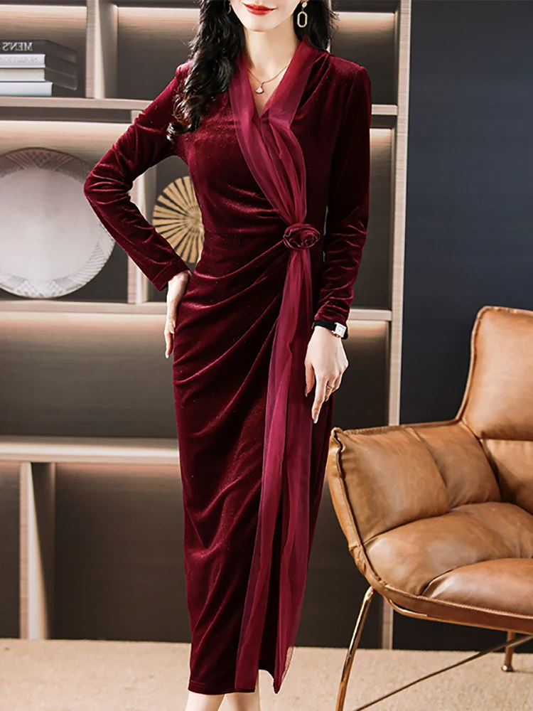 Women Luxury Red Velvet Party Maxi Dress Autumn Winter Thick Warm Elegant Bodycon Prom 2024 Korean Vintage Hepburn Evening Dress