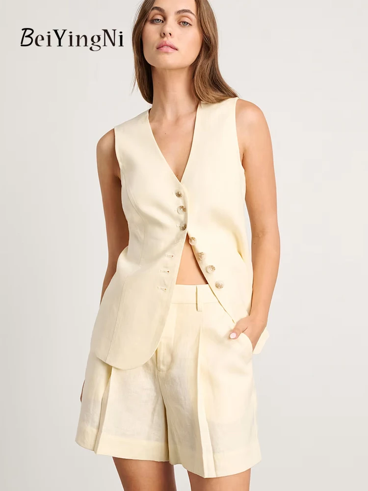 

Beiyingni Female Vest + Shorts Two Piece Sets Cotton Linen 2025 Summer New Fashion Women's Tracksuit Elegant Sexy Tops Suit Set