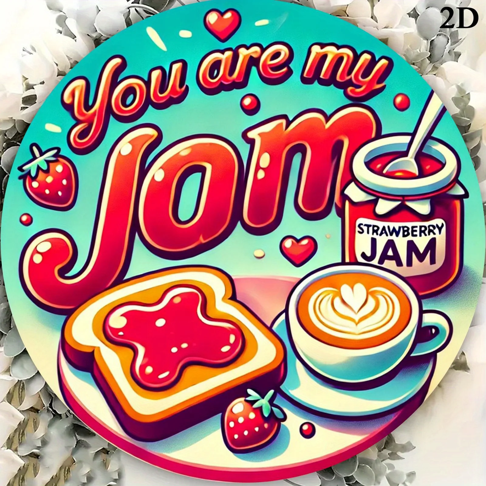 Arte de pared de aluminio redondo con temática de desayuno "You Are My Jam", 7,8x7,8 pulgadas, diseño vibrante de mermelada de café y fresa, 1 ud.