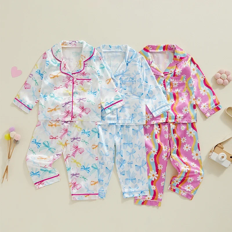 

Toddler Kids Baby Girls Satin Pajama Sets Bow Print Long Sleeve Button Down Shirts Tops Elastic Waist Pants Loungewear Sleepwear