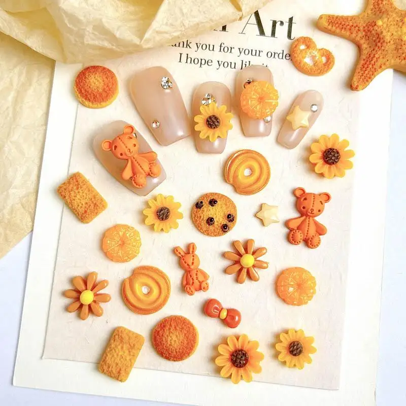 Simulated Round Square Cookies Nail Art Decorations Mini Star Bow Cute Bear Orange Series Mixed Resin Nail Charms for Making DIY