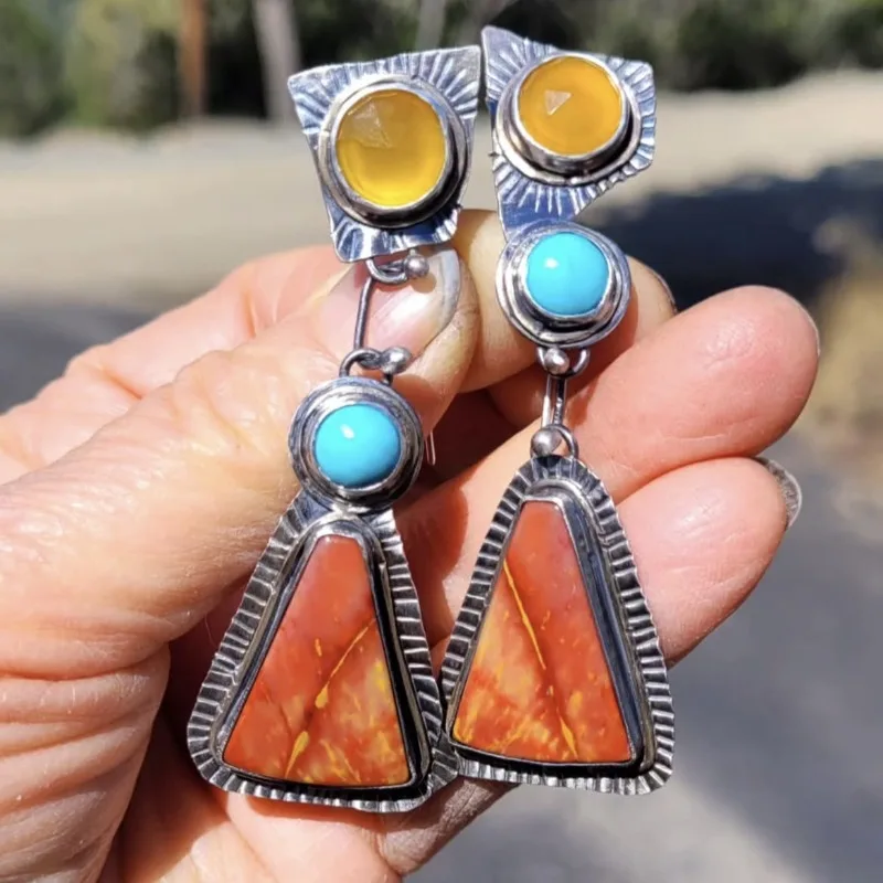 

Vintage geometric enamel personalized earrings Bohemian creative inlaid turquoise jewelry for women