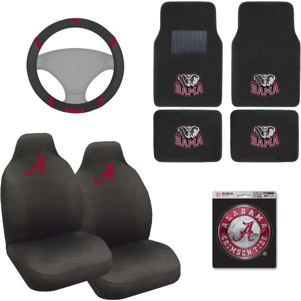 

Alabama Crimson NCAA Mascot Floor Mats, Seat Covers, 3D Sticker, and Steering Wheel Cover Bundle