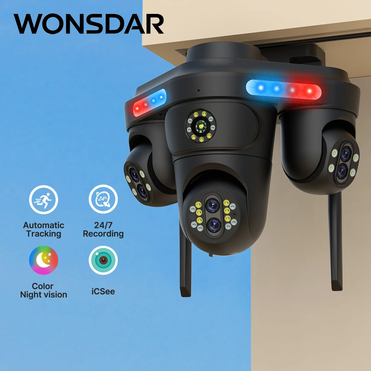 

WONSDAR Wi-Fi IP-камера 7 объектива 4 экрана HD 10-кратный зум Уличная PTZ-камера безопасности Защитная камера Счетчик человека Наблюдение FFVideo
