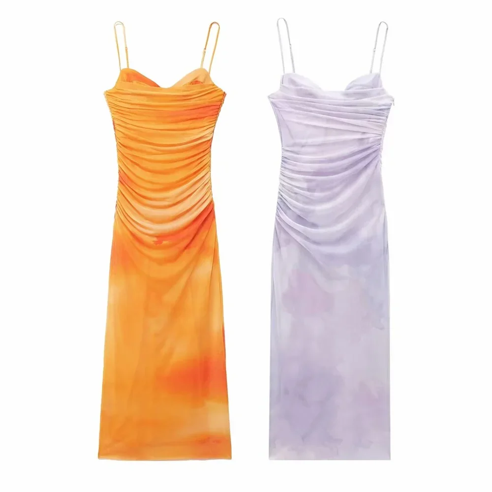 

LIBIELIY 2025 Summer New Women's Fashion British Style Pleated Decoration Printed Silk Mesh Sling Dress Wrapped Hip Long Dress