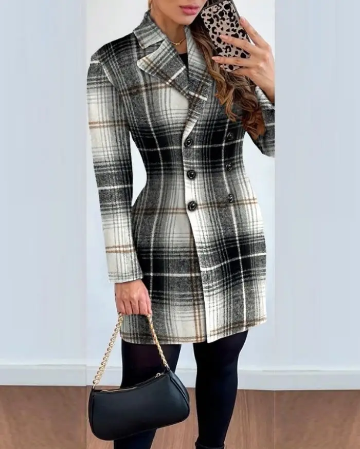 Jackets for Women Autumn Fashion Plaid Print Double breasted Elegant Polo Collar Long Sleeve Medium Length Blazer Coat