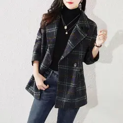 Chaqueta holgada de Tweed a cuadros para mujer, ropa de lana a cuadros, abrigos de mezcla, ropa juvenil, estilo coreano