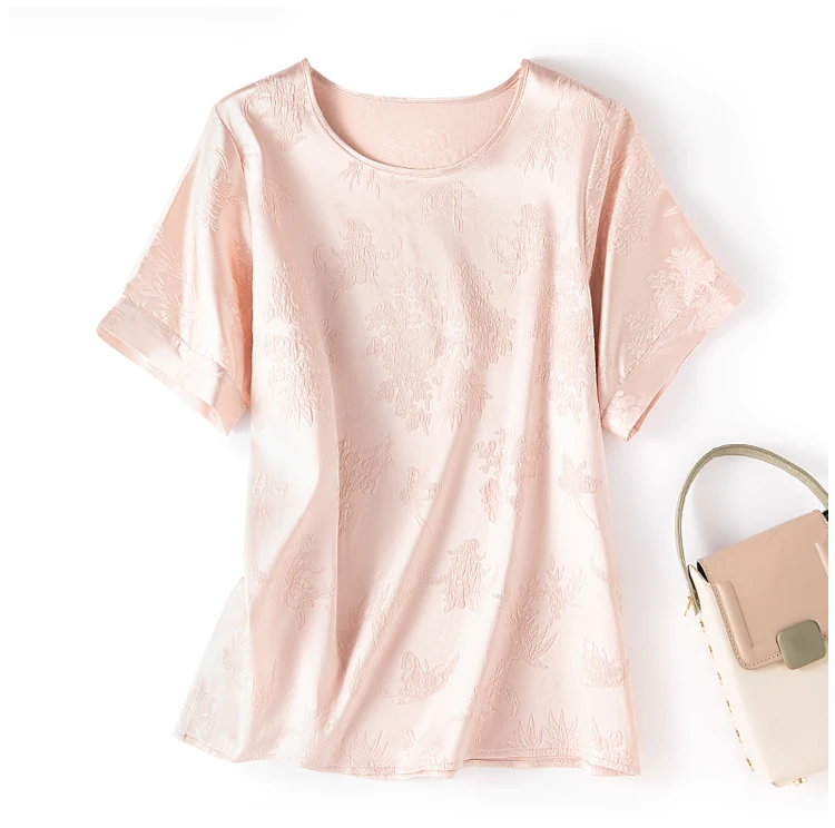 2024 Women\'s Summer New 95% Natural Mulberry Silk Elastic GuanLe Satin Simple Loose Round Neck Short Sleeve T-shirt