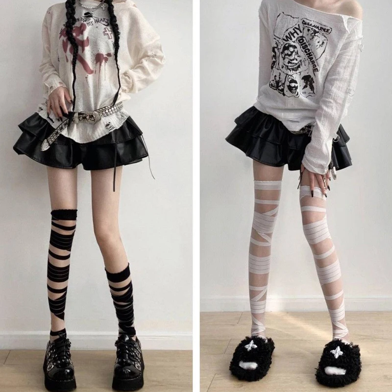 Lolita Black And 1PC White Bandages Thin Jk Uniform Cross Straps Long Knee Length Stockings Women\'s Cosplay Sexy Thigh Stockings