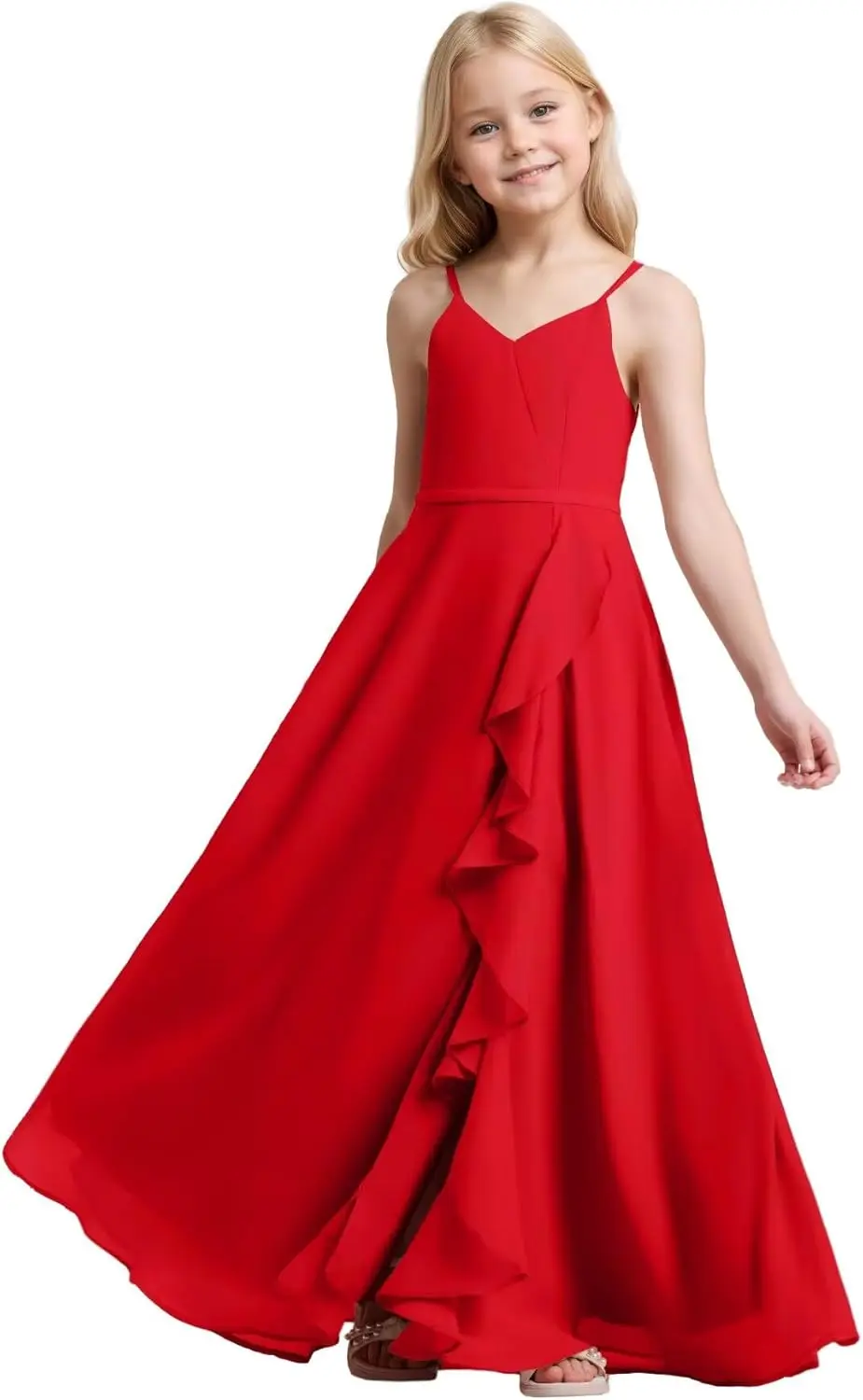 십대 소녀들을 위한 스파게티 스트랩이 있는 우아한 A라인 주니어 신부 들러리 드레스 사이드 슬릿이 있는 꽃무늬 웨딩 파티 드레스