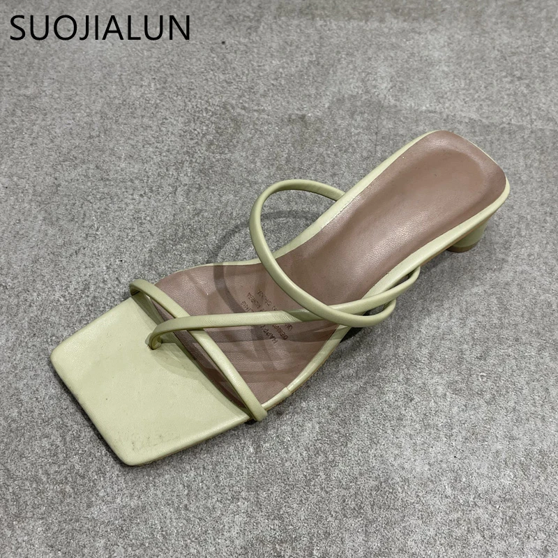 SUOJIALUN Summer Square Low Heel Women Slipper Fashion Narrow Band Ladies Sandal Outdoor Beach Casual Slides Shoes Big Size 40