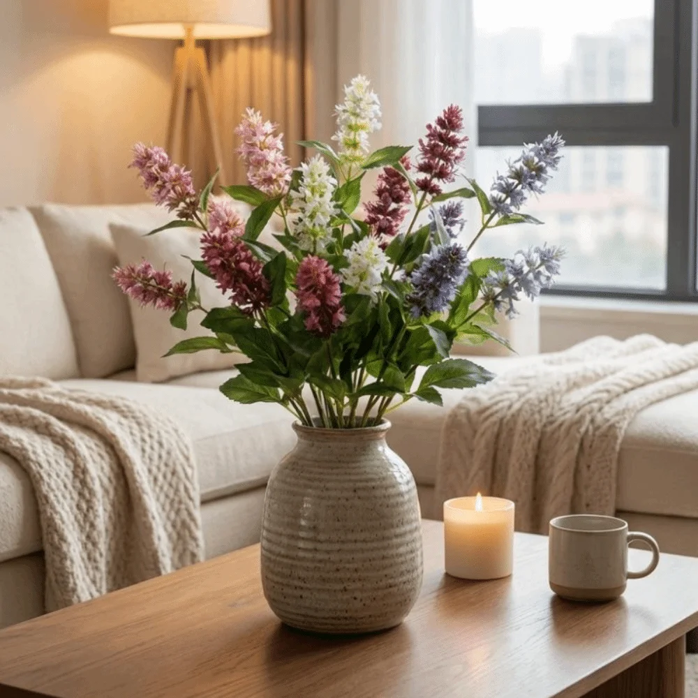 Planta Artificial de Pogostemon Cablin con 3 Cabezas, Flor de Espiga, Rama de Pachulí Falsa, Tallo Alto de Plástico, Decoración de Mesa
