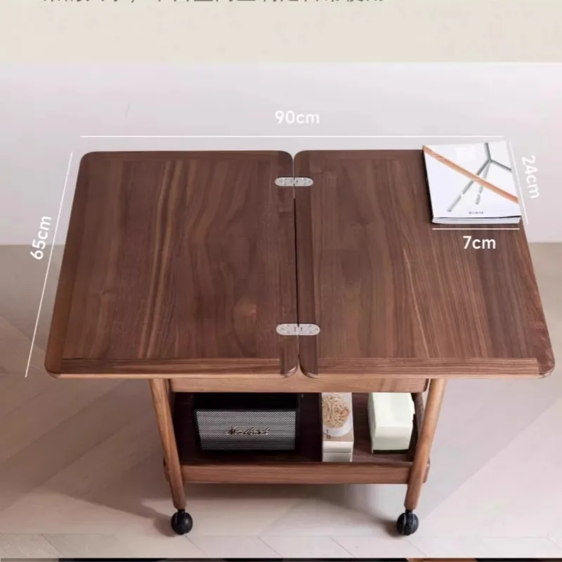 Household mobile coffee table small apartment living room black walnut folding desktop solid wood living room accompanying mobi