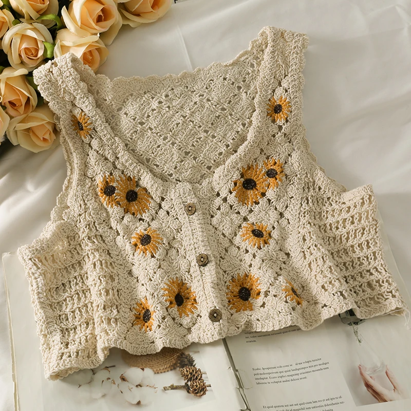 Embroidery Floral Crochet Vest for Women Button Front Sleeveless Jacket Crop Cardigan Tanks Summer Fairycore Cottagecore Outfit