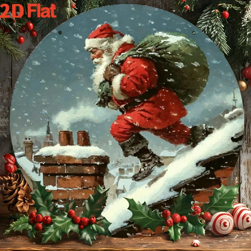 Vintage 2D Santa Metal Wall Art - 8x8 Inch Round Christmas Ornament with Holly & Snowy Roof for Cafe Shop