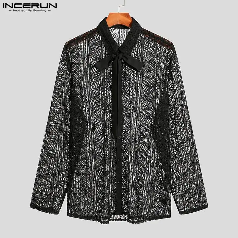 Stylish Casual Style Tops INCERUN 2024 Mens Vertical Strip Hollow Blouse Sexy See-through Lace Striped Long-sleeved Shirts S-5XL