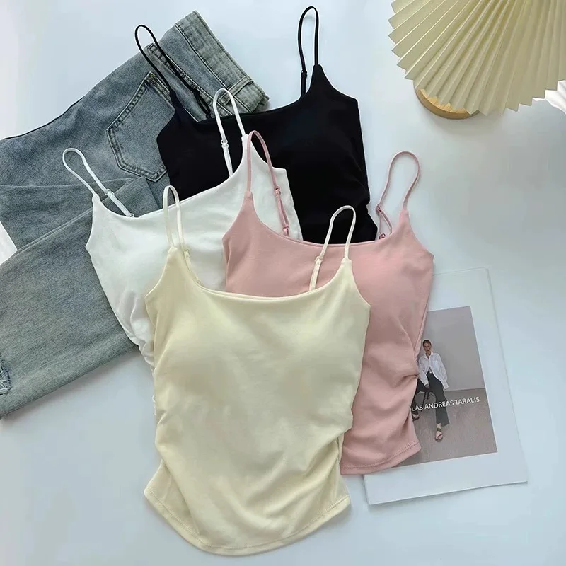 Trendy Pure Desire Sweet Spicy Pleated Strap Vest Women's Inner And Outer Wear Slim Fit Beautiful Back Top with Chest Pad