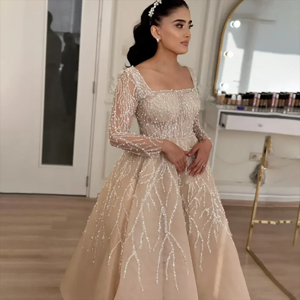 

2025 Customized Luxury Crystal Beaded Princess Wedding Dress Square Neck Long Sleeve Shining Bridal Ball Dress