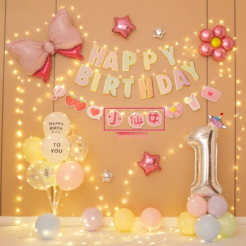 Happy Birthday Decoration Scene Girl Layout Children Baby One Full-Year Birthday Party Digital Balloon Supplies Background Wall